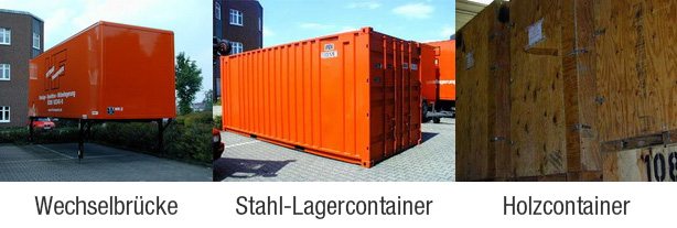 Wechselbrücke, Stahl-Lagercontainer und Holzcontainer für die Möbellagerung